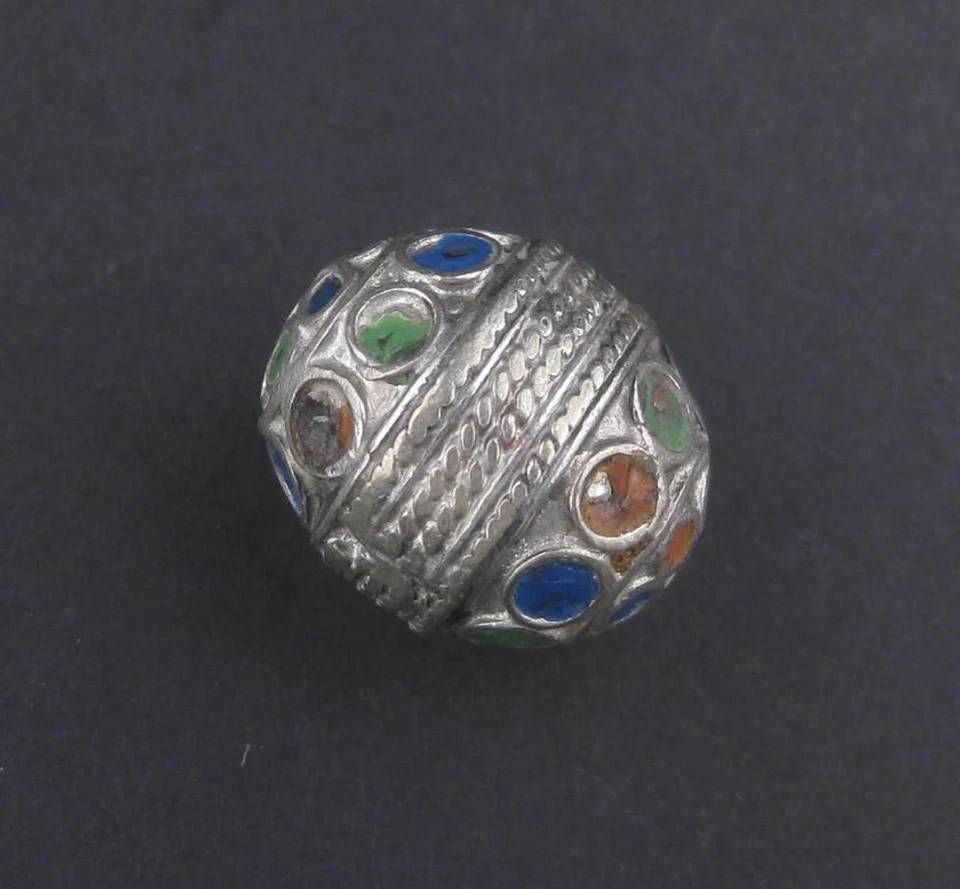 Multicolor Enamel Berber Bead Set of 2 20mm Morocco African Oval White Metal - Image 2 of 2