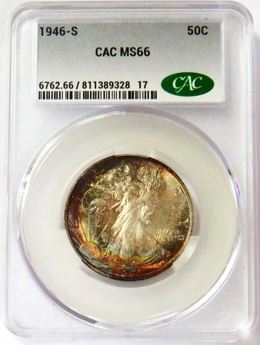 1946 S USA SILVER WALKING LIBERTY HALF 50c CAC MS66 "OUTSTANDING RAINBOW COLORS"