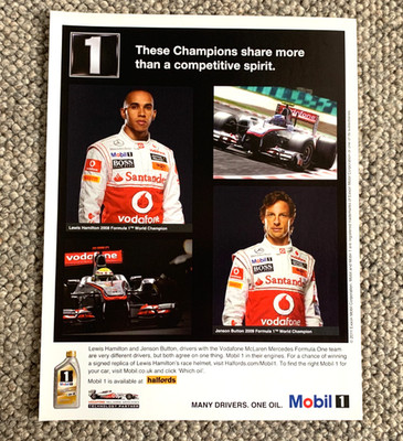 MOBIL 1 LEWIS HAMILTON + JENSON BUTTON - RAHMENFÄHIG ORIGINAL OLDTIMER WERBUNG