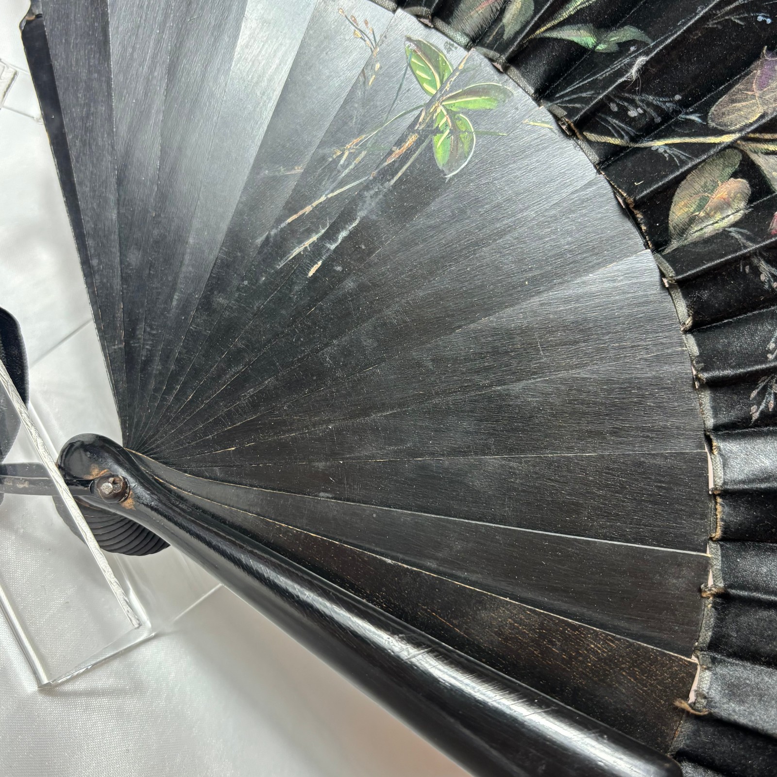 Victorian Mourning Fan Folding Black Satin Painted Flowers & Foliage Black Wood