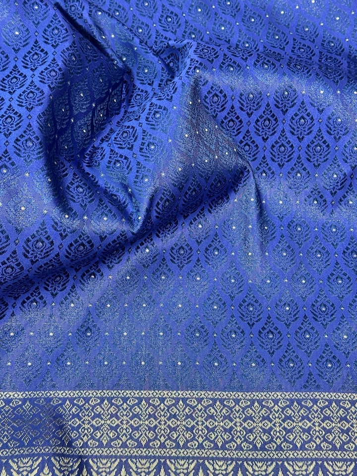 Blue Old Gold Thai-Laos Silk Damask Traditional Fabric BTY Formal Skirts Dress - Image 4 of 4