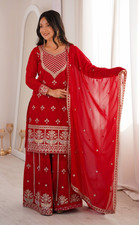 Red Sharara Suit Set Fox Georgette Embroidered Wedding Party Wear Kurta Dupatta