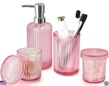 Pink Bathroom Accessories Set, 4 Pcs Glass Decor, Soap Dispenser & Holder