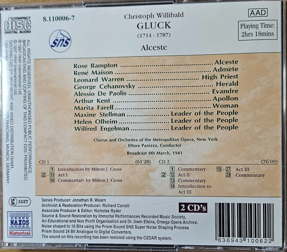 Gluck: Alceste (Naxos Historical 8.110006-7 2 CDs) New York 1941 Ettrore Panizza Foto 2 de 2