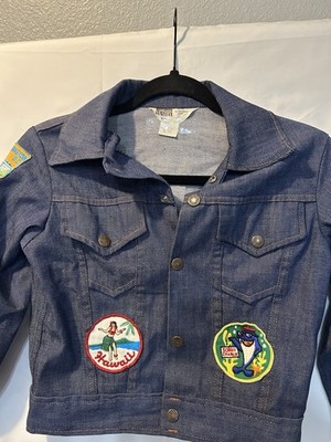Montgomery Ward Vintage Kids Denim Jacket Blue Long Sleeve Sewn Patches Size 10
