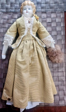 CHINA HEAD DOLL 17.5 INCHES, GOLD DRESS Ceramic, Cloth, Porcelain, with stand