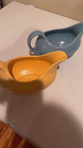 Fiesta Ceramic Gravy Boat Set Blue and Yellow Glossy Pottery Oval 2 Piece