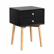 A bedside table with two drawers and rubber wood legs