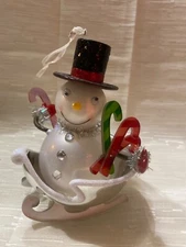 Acrylic Snowman in sleigh Bobble Head Style ornament 6”