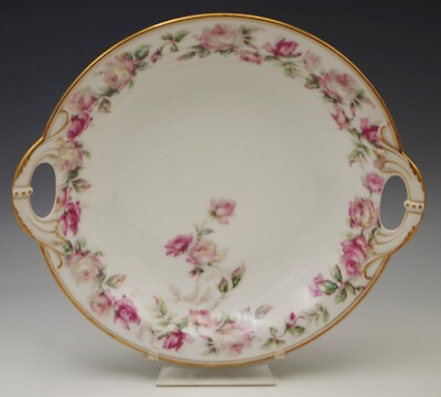 HAVILAND LIMOGES ANTIQUE SCHLEIGER 497 AMSTEL ROSES HANDLED SERVING LOW BOWL 10''