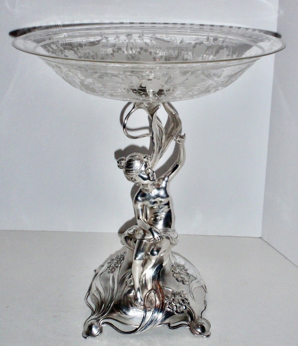 Fabulous WMF Art Nouveau Figural Silver Plated Centerpiece w/Etched Glass Bowl