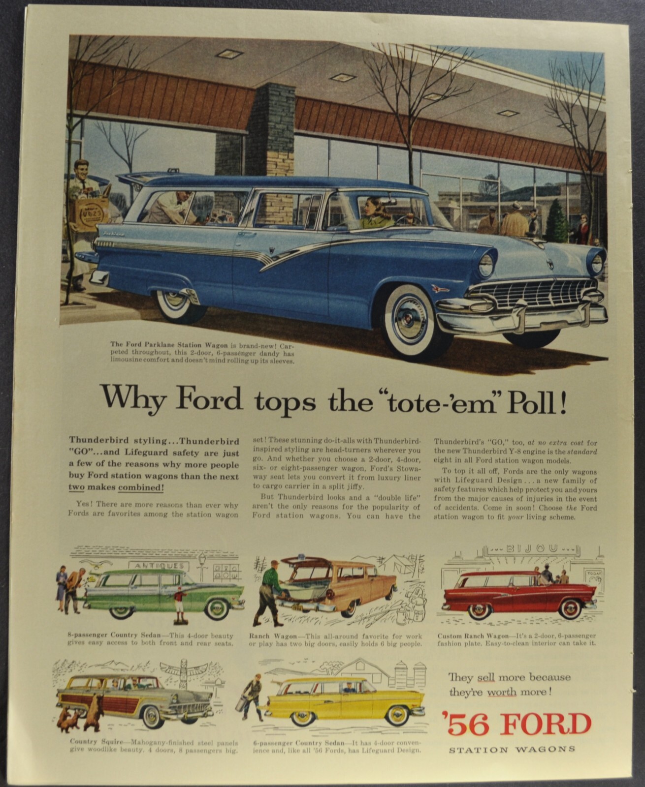 1956 Ford Parklane Station Wagon Large Size Print Ad Excellent Original 56