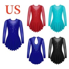 Girls Figure Ice Skating Dress Long Sleeve Gym Leotard Ballet Dance Dresses