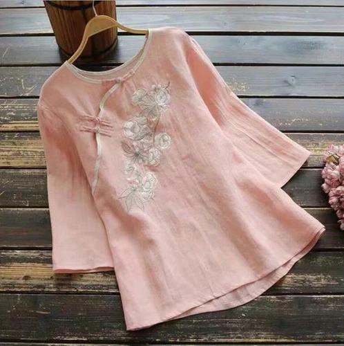 Women's Cotton and Linen Retro Embroidery Diagonal Button Loose Blouse T-Shirt - Picture 10 of 20
