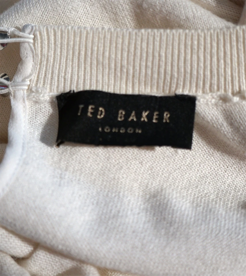 TED BAKER sz S Blithe 3/4 Sleeve Ivory Knit Embellished Neckline Sweater - Image 4 of 4