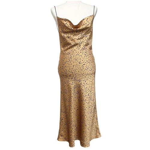 Aakaa Elegant Gold Spotted Animal Print Backless Cowl Neck Satin Dress