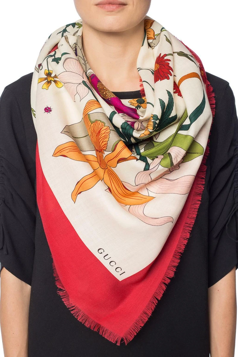 New Authentic GUCCI MISS FLORA FLORAL Print WOOL SILK SHAWL Wrap Square  Scarf