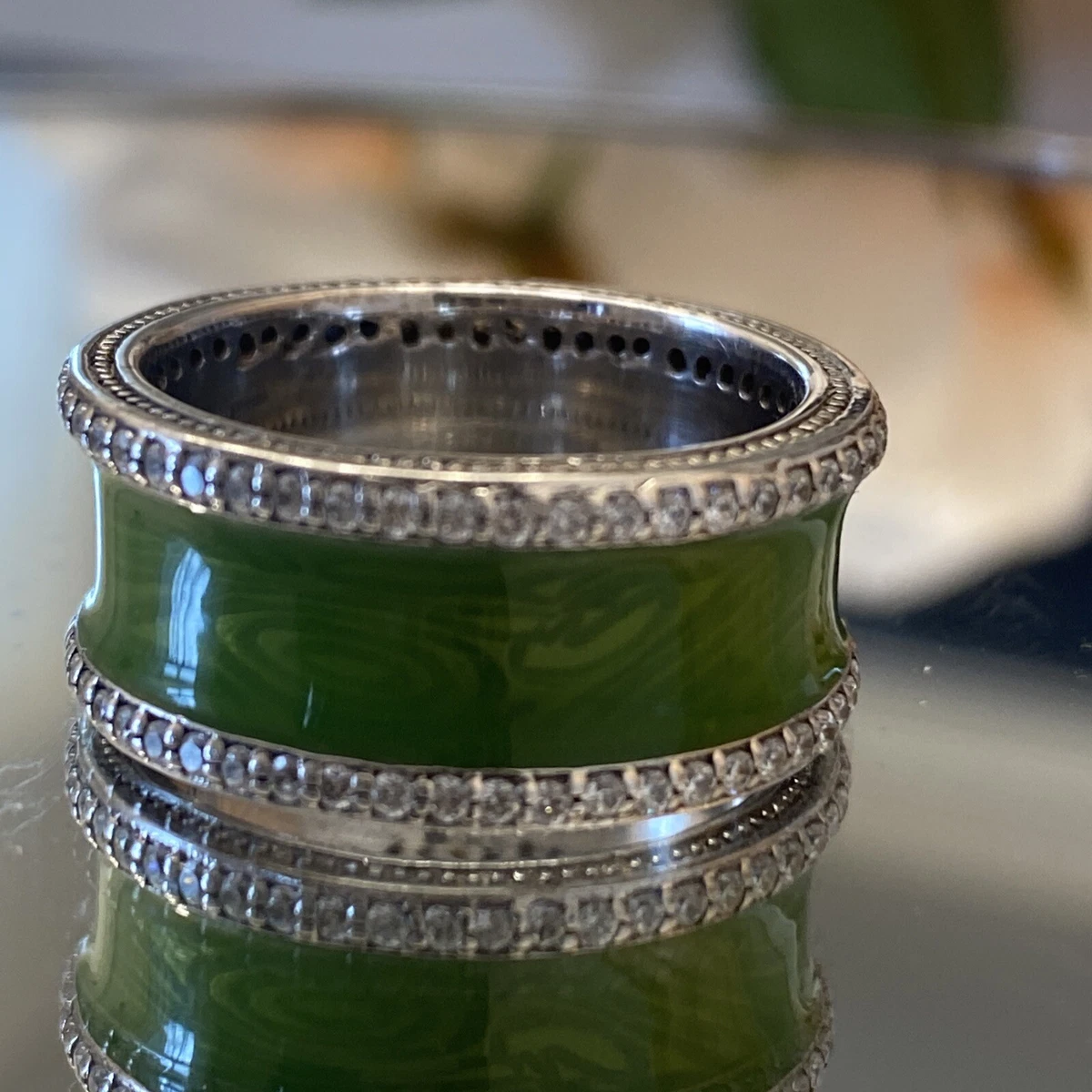 JTV Bella Luce Sterling Silver CZ Pave Green Enamel Eternity ring