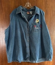 Y2K Tweety Bird Denim Vest Women s 26W/28W Button Up Cotton Looney Tunes