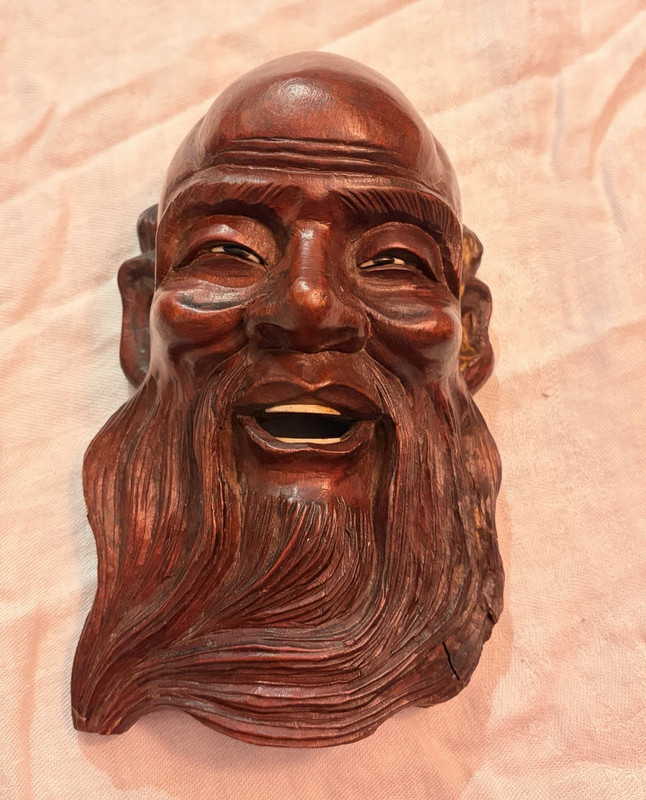 Vintage Chinese Hand Carved Wood Wall Mask -Old Man / Shou Xing God of Longevity
