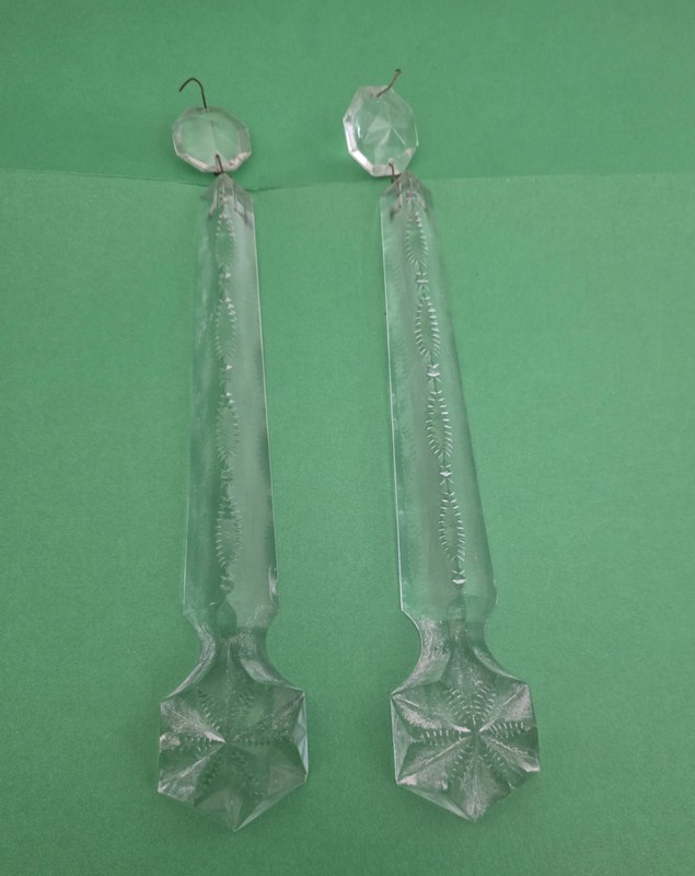 2 Antique French Cut Faceted Crystal Spears Prisms W/Cut Ball - 8"