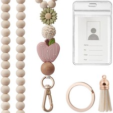Teacher Lanyard with ID Holder, Fashion Wood Beaded Lanyard for Keys, Super C...