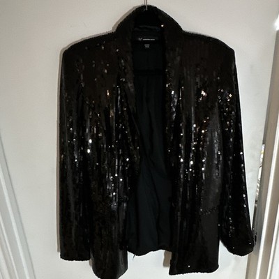 INC Women s M Black Sequin Open Front Lined Mid-Length Blazer Jacket