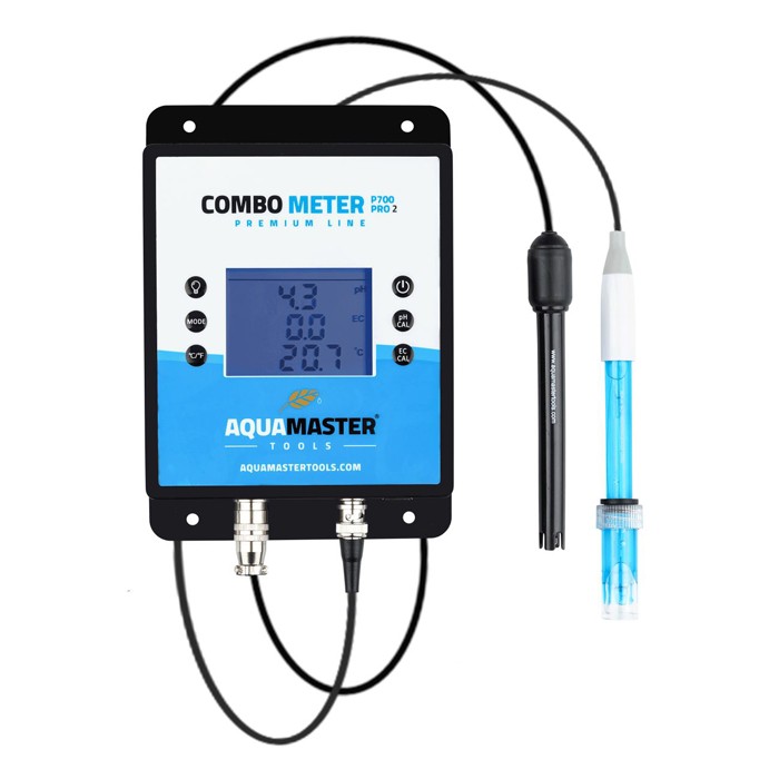 Aqua Master Tools P700 Pro 2 Combo Meter measuring the pH, EC, CF, PPM, and temp