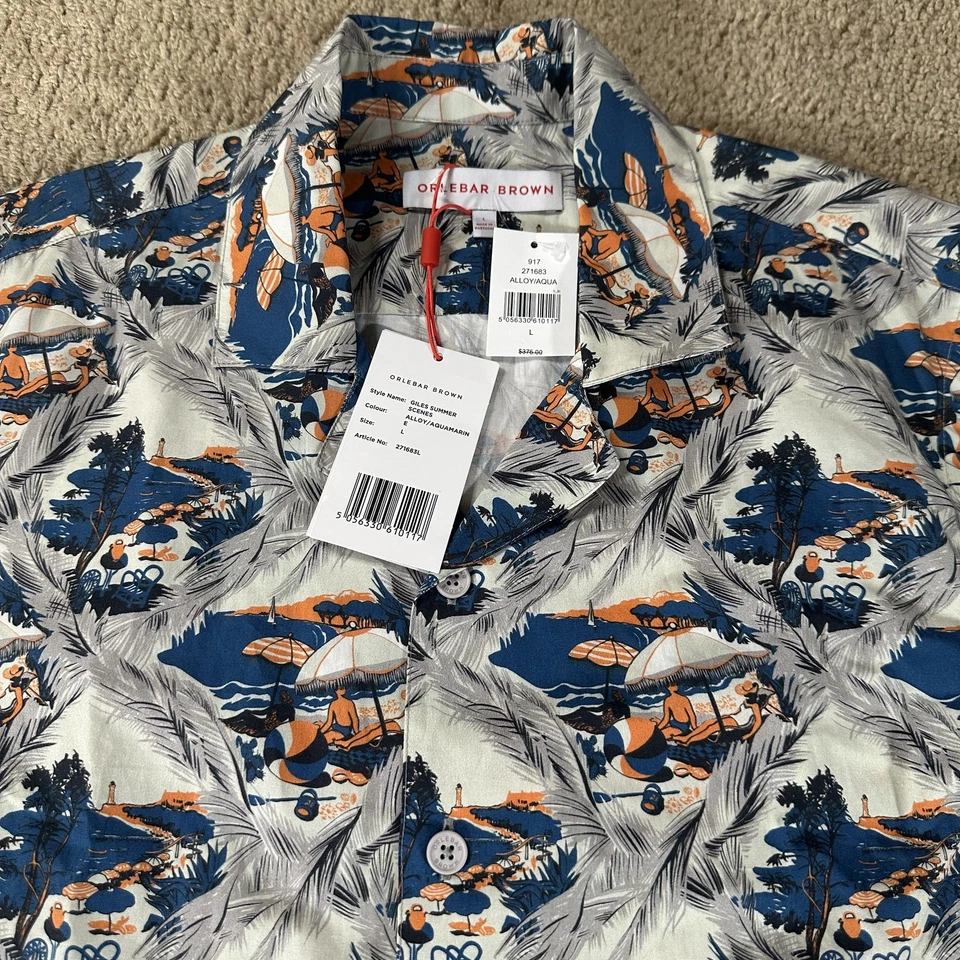 Camisa Orlebar Marrón Para Hombres Grande Aleación Aqua Giles Verano Escenas Estampado Algodón Nueva con Etiquetas Foto 2 de 4