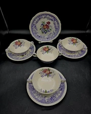 8pc 1940s Copeland Spode Lilac Purple Mayflower Cream Soup &Plates Lot