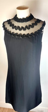 Vintage black 1960's midi cocktail sleeveless shift dress sheer neckline small