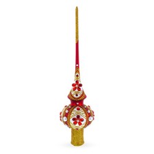 Dimensional Red Jewels and White Pearls on Red Blown Glass Tree Topper 11 Inches