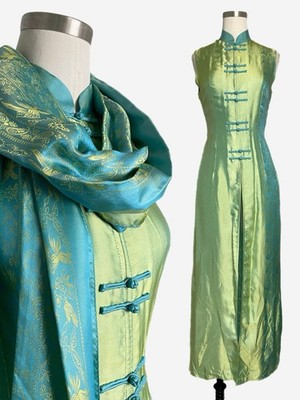 KimDo Green blue iridescent silk jacquard cheongsam maxi split top and scarf XS