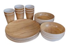 Image of Tommy Bahama 24 Piece Dinner Set Melamine Light Wood Grain & White, New