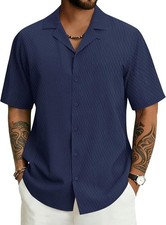 Men Cuban Collar Shirt Short Sleeve Textured Button Down Summer Beach Casual Top