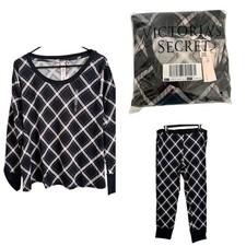 Victoria's Secret Pajama Set XL Black Plaid Long Sleeve Top  Pants Sleepwear