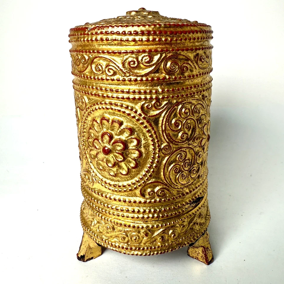 Antique Burmese Betel Box Bamboo And Lacquer Gold Leaf Cylindrical 4” - Image 3 of 4