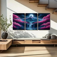 3pcs Sakura Mountain Waterfall Modern Wall Art Canvas Framed 50x70cm