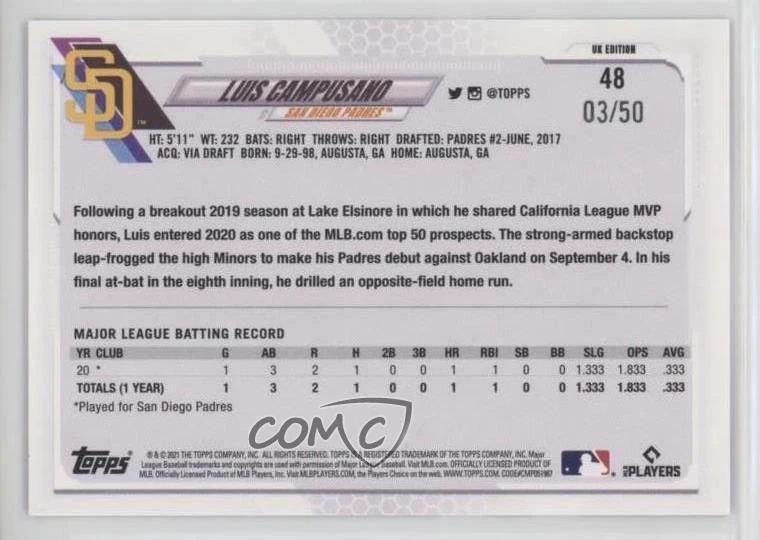 2021 Topps UK Edition Purple /50 Luis Campusano #48 Rookie RC - Image 2 of 2