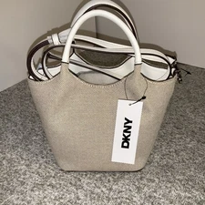 DKNY GWEN Crossbody Tan and White Mini Tote Bag Beige Canvas