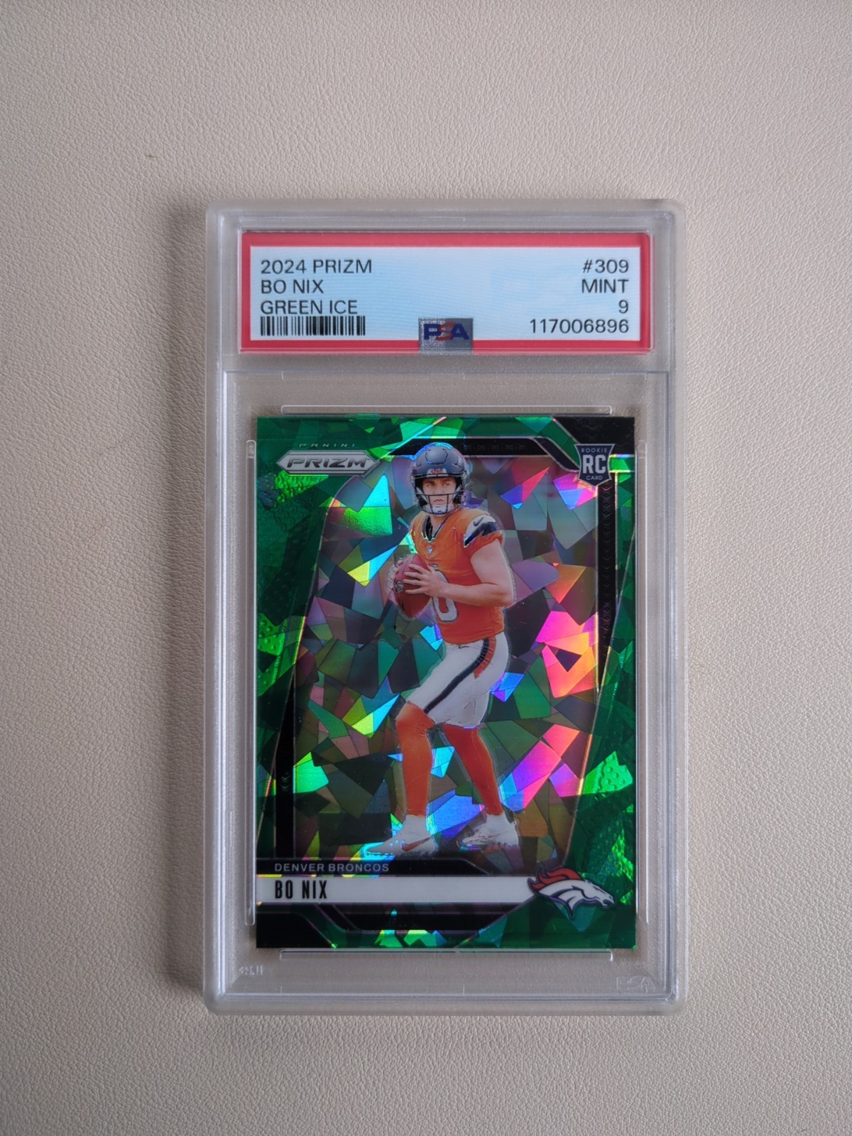 2024 Panini Prizm Bo Nix Rookie Green Ice Prizm #309 Denver Broncos PSA 9