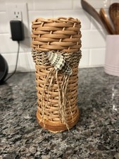 Vintage Handmade Rattan Wicker Basket With Seashell Artist Signed