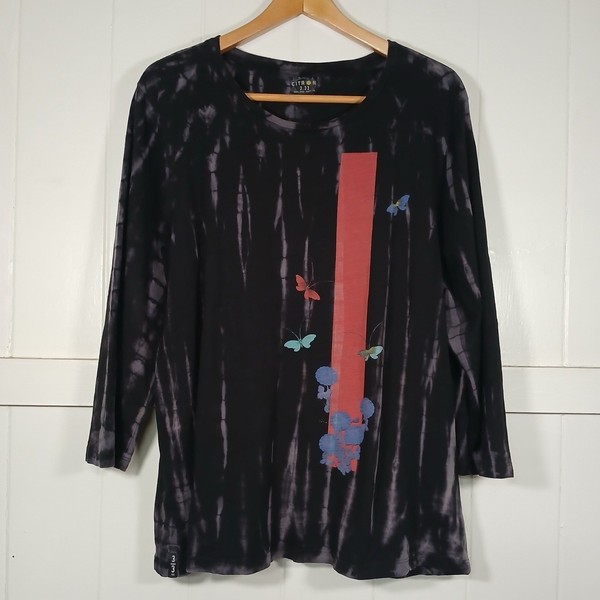 Citron 3.33 Butterfly Graphic Top Women 1X Black Tie Dye 3/4 Sleeve Cotton Tee