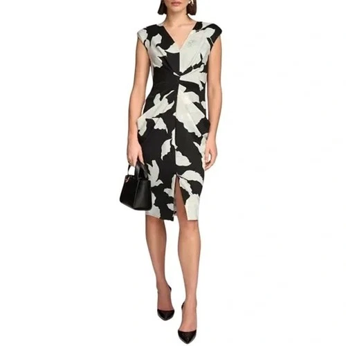 Donna Karan Women Dress Size 6 Floral Scuba Cap Sleeve V Neck Pockets New