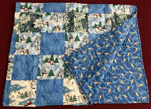 Handmade Reversible Blue Patchwork SNOWMAN & POINSETTIA Quilt Blanket, 42" x 68" - Picture 2 of 15