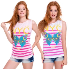 Ladies New York Printed Vest Top Slogan Butterfly Crew Neck Striped Blouse FB317