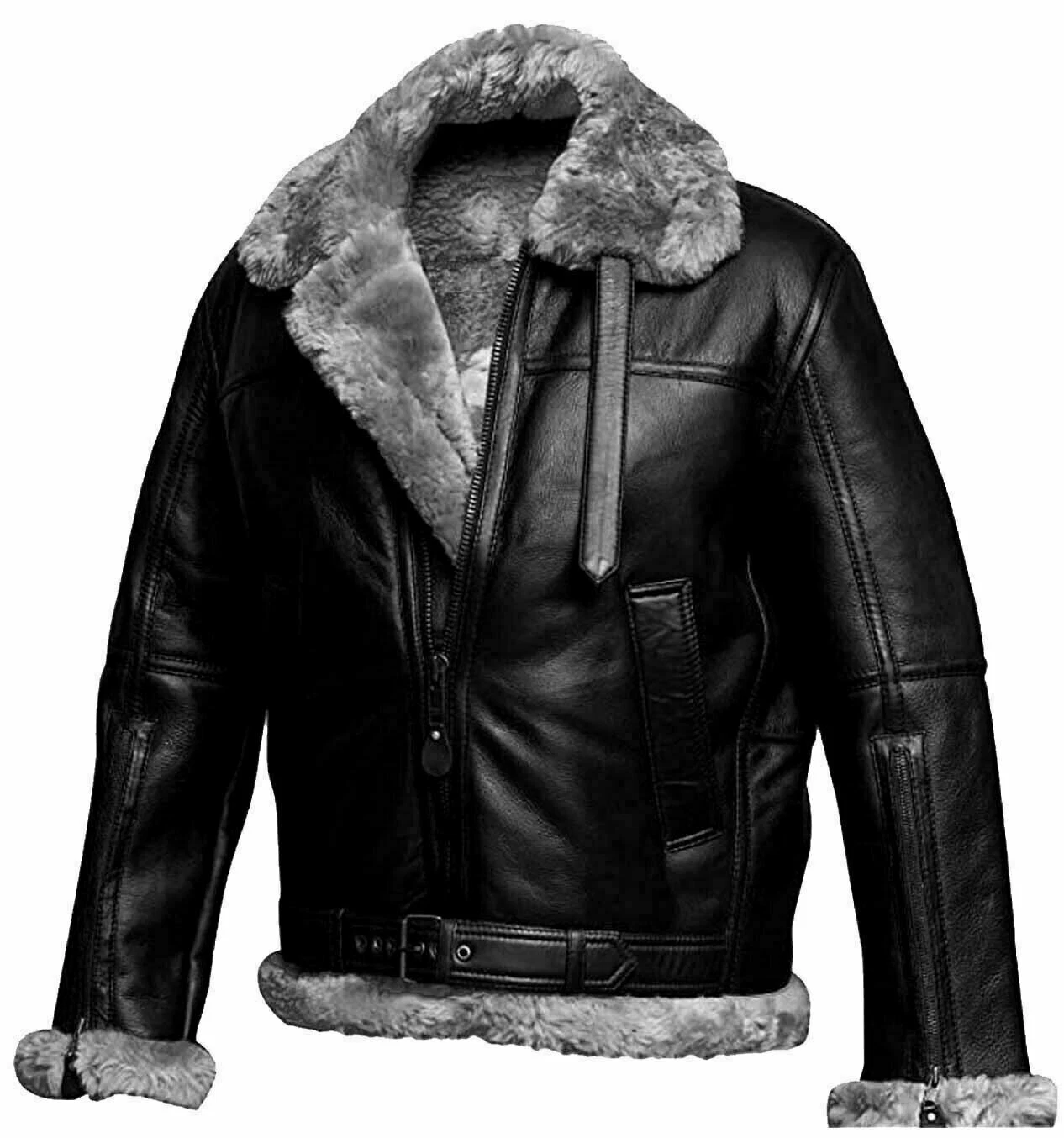 Mens New Bomber Sheepskin Fur Shearling Leather Jacket Real Flying Coat
