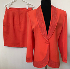John Meyer Women  s Embroidered Beaded Orange 2 PC Skirt Suit Size 14P EUC  250