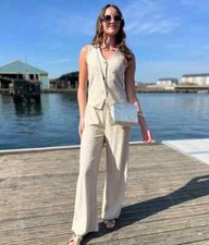 QED LONDON Waistcoat Trouser Set Womens Stone Textured V-Neck Sleeveless Co ord