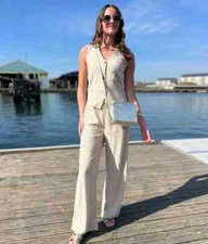 QED LONDON Waistcoat Trouser Set Womens Stone Textured V-Neck Sleeveless Co ord